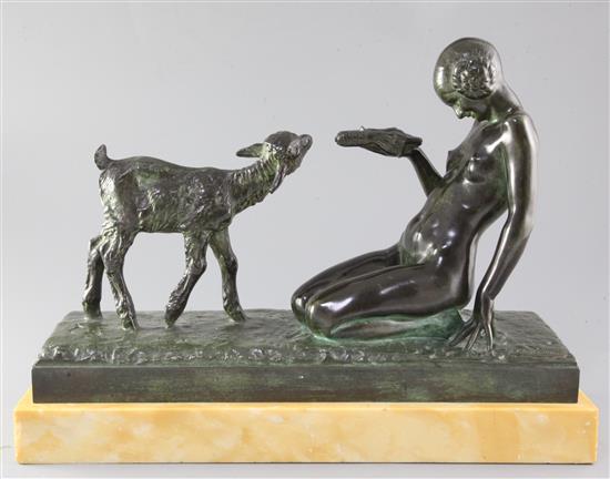 Marcel Courbier (1898-1976). A 1920s bronze figure group La Jeune Fille au Chevreau, height 11.75in. length 16.25in.